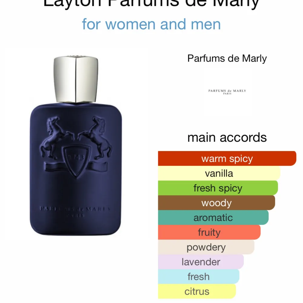 Layton från Parfums de Marly är en Amber Floral doft för kvinnor och män. Layton lanserades 2016. Toppnoter är äpple, lavendel, bergamott och mandarin orange;  mellannoter är Geranium, Violet och Jasmine;  basnoter är Vanilj, Kardemumma, Sandelträ, . Parfym.