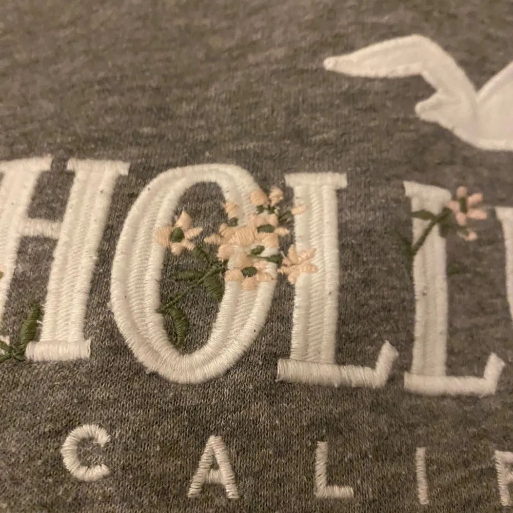 Säljer en supermysig grå hoodie från Hollister med en snygg broderad logga och blommönster. Perfekt för kyliga dagar och har en skön passform med långa ärmar och en praktisk huva. Perfekt för både vardag och chill.. Hoodies.