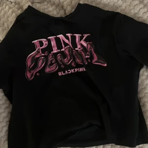Svart tröja med rosa text från H&M - Säljer en svart tröja från H&M med cool rosa text på framsidan. Perfekt för fans av Blackpink. Tröjan har en avslappnad passform och är gjord i ett mjukt material.använts några gånger💞