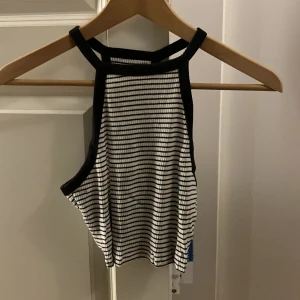 Randig svartvit linnetopp - Snygg randig linnetopp i svart och vitt med hög hals och ärmlös design. Perfekt för varma dagar eller som ett lager under en jacka. Den har en stilren look med smala ränder och kontrasterande svarta kanter.