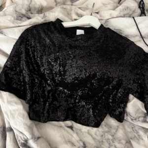 Svart paljettopp från H&M - Säljer en glittrig svart paljettopp från H&M. Toppen är kortärmad och croppad, perfekt för en festlig look. Den har en rund halsringning och är täckt med paljetter som ger en snygg glans.