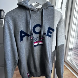 Grå hoodie med tryck från A.C.E - Säljer en snygg grå hoodie från A.C.E med tryck på framsidan och på armen. Den har en justerbar huva med snören och ribbade muddar vid ärmslut och nederkant. Perfekt för en avslappnad stil. Hör av er vid intresse/frågor!