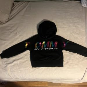 Svart hoodie från Tommy Hilfiger - Säljer en svart hoodie från Tommy Hilfiger med färgglatt tryck på framsidan. Hoodien har långa ärmar och en klassisk huva. Perfekt för en avslappnad stil.