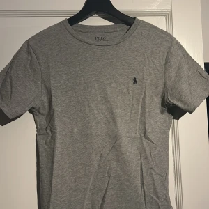 Grå t-shirt från Ralph Lauren - Säljer en stilren grå t-shirt från Ralph Lauren med den klassiska loggan broderad på bröstet. T-shirten har en normal passform och är kortärmad, perfekt för en avslappnad look.