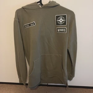 Olivgrön hoodie från FSBN - Säljer en olivgrön hoodie från FSBN med tryck och patchar på både fram- och baksidan. Hoodien har en stor ficka framtill och en bekväm passform. Perfekt för en avslappnad stil.