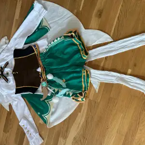 Säljer en detaljerad cosplaydräkt i grönt och vitt med bruna och guldiga inslag. Dräkten inkluderar en vit skjorta med knappar, gröna shorts med dekorativa detaljer och en brun väst med guldknappar. Peruken ingår i priset