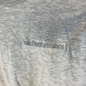 Grå t-shirt från Peak Performance - Säljer en stilren grå t-shirt från Peak Performance. T-shirten har korta ärmar och en diskret logga broderad på bröstet. Perfekt för en avslappnad look. Förlåt för suddiga bilden 