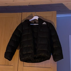 Svart dunjacka från Adidas - Säljer en svart dunjacka från Adidas med huva och dragkedja. Jackan har en puffig design och är perfekt för kyligare väder men även vår och höst. Adidas-loggan syns tydligt på bröstet. Passar barn i åldern 9-10 år. Med en reflex ditalj på baksidan så man syns bra i mörkret 😄