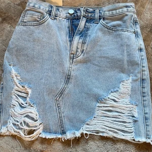 Blå jeanskjol från Redial - Säljer en snygg blå jeanskjol från Redial med slitna detaljer och rå kant. Kjolen har en klassisk femficksdesign och en dragkedja fram. Perfekt för en avslappnad sommarlook eller en cool höstoutfit. Passar både till sneakers och boots!