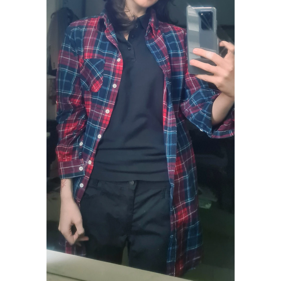 Lång flannelskjorta blå/röd M - 1