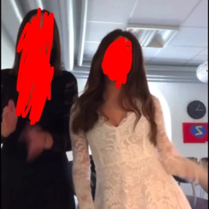 Vit spetsklänning med v-ringning - Säljer en elegant vit spetsklänning med v-ringning och långa ärmar. Klänningen har ett vackert blommigt mönster och är perfekt för speciella tillfällen. Den har en kort längd som ger en ungdomlig och fräsch look. Perfekt för sommarens festligheter!