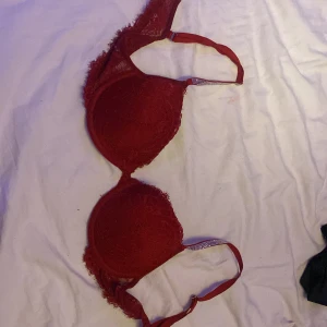 Röd spets-bh med strassdetaljer - Säljer en  röd bh med spetsdetaljer och glittrande strass på axelbanden. Axelbanden är justerbara för bästa passform. Ingen push-up och ser större ut på bilden än vad den är. Knappt använd bara testad, blivit lite nopprig i tvätten bara men ingenting som syns! Skicka ett prisförslag!!!!!!