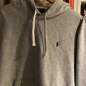 Grå hoodie från Ralph Lauren - Säljer en snygg grå hoodie från Ralph Lauren i storlek M. Den har en klassisk design med en broderad logga på bröstet och justerbar huva med snören. Perfekt för en avslappnad stil och passar till alla tillfällen. Finns en sydd skada på höger arm. Skön och stilren!