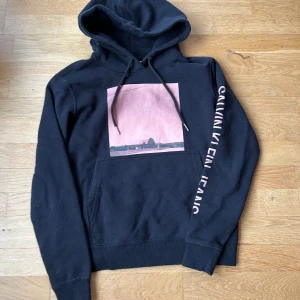 Svart hoodie från Calvin Klein  - Säljer en snygg svart hoodie från Calvin Klein Jeans i storlek XS. Den har en cool rosa bild på framsidan och text på ärmen. Använd några gånger innan jag växte ur den så i mycket bra skick.  🖤