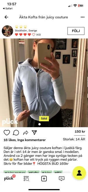 Ljusblå juicy couture kofta - En använd juicy couture kofta i färgen ljusblå. En gammal modell. Supersnygg och passar nästan till alla outfits. Eftersom den är använd har jag sänkt priset. 🫶🏼bilderna är lånade men den är exakt likadan. Såklart äkta. 
