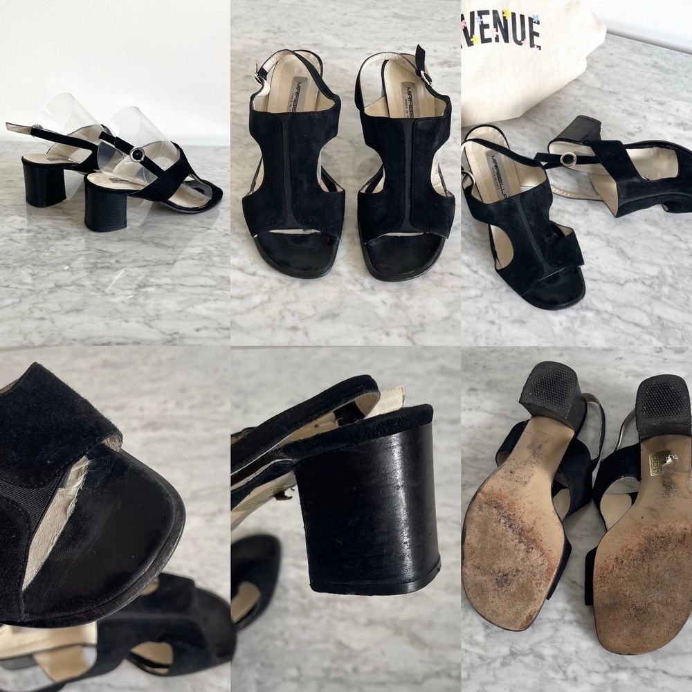 Vintage 90s 00s Y2K real leather suede block heel square toe sandals / high heel shoes in black Few tiny scratches and marks here and there, some sides of the lining a bit wrinkled. Cleaned. Label: 36,5. Fit best 36,5 - 37. Heels: 7 cm. No returns.. Skor.