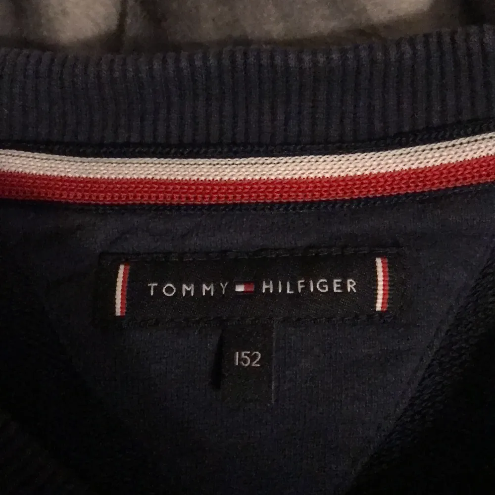 Säljer en mörkblå Tommy Hilfiger tröja något liten i storleken. Sparsamt använd. . Tröjor & Koftor.