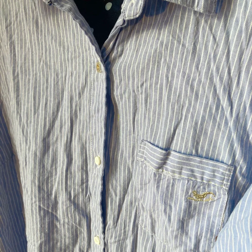 Blå & vitrandig skjorta från okänt märke. Pyjamasskjorta, men har inte använts som det. En udda knapp längst upp (den i guld), dock är det enligt original. Skjortan är använd,  men i mycket gott skick.. Skjortor.