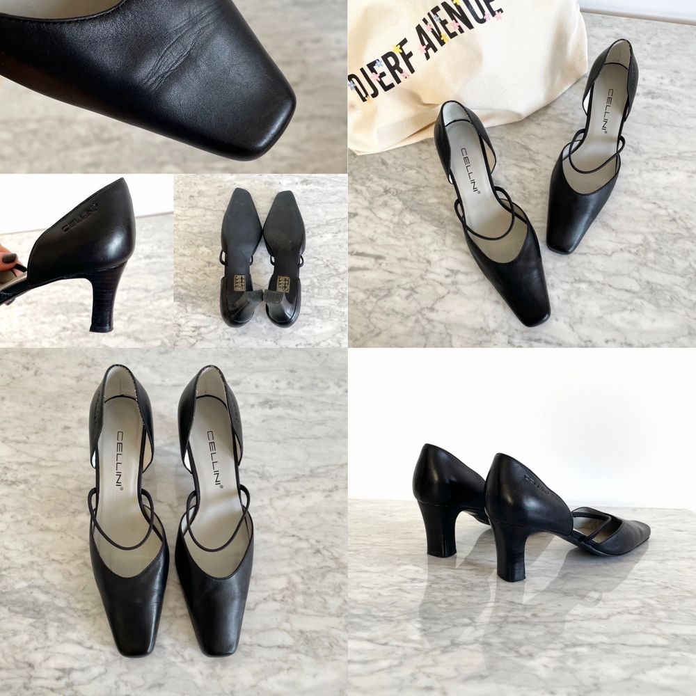 Vintage 90s 00s Y2K square toe Mary Jane shoes in black size 38  Very smooth real leather. Beautiful baby blue lining. Few minor marks and scratches, but nothing major. Cleaned. Label: 38 EU (5 UK), fit true to size in my opinion. No returns.. Skor.