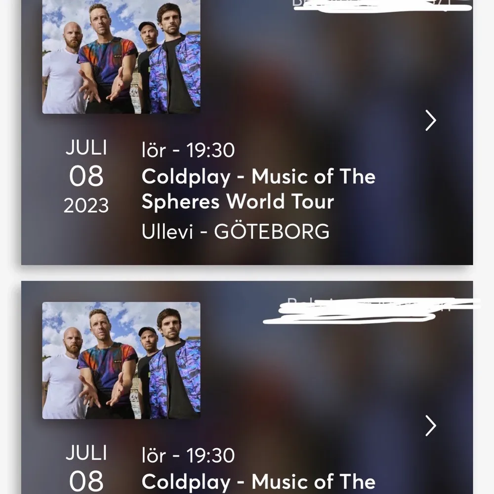 Hej! Har två Coldplay sittplatser till den 8/7 som jag gärna vill byta mot ståplatser något datum!🥰. Övrigt.