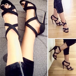 Black strappy sandals - Heel 11cm, velvet like surface, very feminine, elegant and chic.
