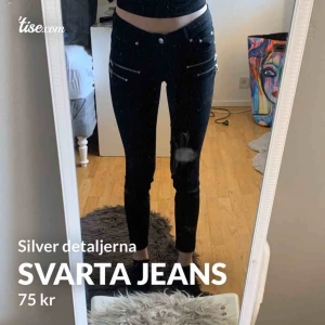 - Snygga svarta lågmidjade jeans med silver detaljer, tyvärr för korta för mig men annars sitter de bra! Simpla jeans men med extra detaljer! Vet inte storlek men skulle tro 34 eller 36, jeansen är ifrån Denim Rebel 