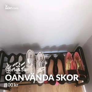 Oanvända skor - Strl 38 på alla utom rosa klackskor dem är strl 37. 50kr st för sneekerserna och 100kr st för klackskorna. 