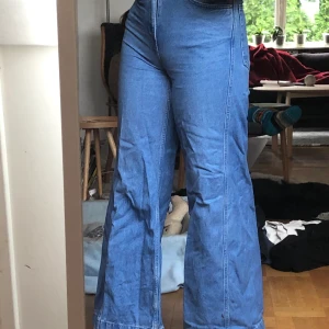 Klarblå weekday-jeans - Ett par utsvängda riktigt balla jeans i en klarblå färg. Dem är modellen Beat från Weekday och är strl 27 i midjan men jag brukar ha 28/29 och dem passar mig! Jag på bilden är 170cm lång. Frakt står köparen för om man inte kan mötas upp i gbg :)