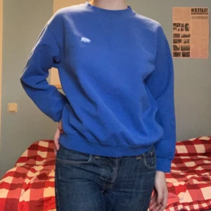 Brandy Melville Tjocktröja - Blå J. Galt sweatshirt från Brandy Melville! Köpt i Stockholmsbutiken innan den stängdes. ♥️ Tröjan har en broderad isbjörn på bröstet. Bra tjockt tyg och fin trots använt skick (noppriga ärmar).