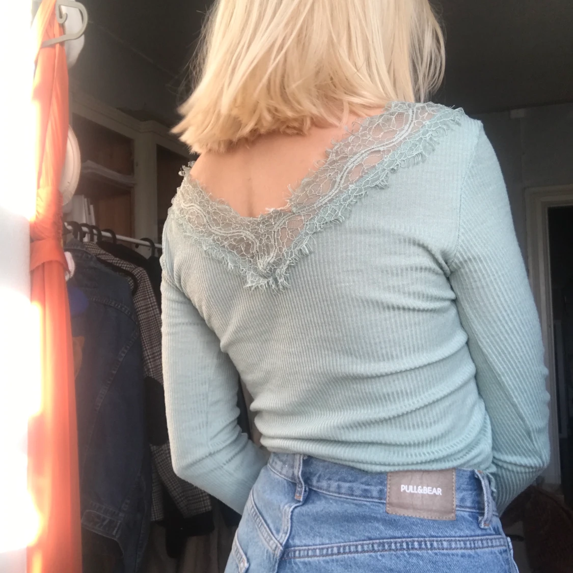 Ribbad blå topp - 90