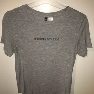 Grå t-shirt från H&M med text på framsidan. Skönt material, stretchigt och lite ”flowy”. 30 kr. Frakt betalas av köparen 