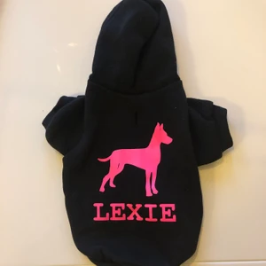 Hoodie till hund från tinybuddy🌸 - Köpte denna tröja till min dvärgpinscher och tröjan är tyvärr lite liten. Tröjan är använd en gång och storleken är 25.🌸 På ryggen är det en dvärgpinscher och så står de Lexie i rosa text! Tröjan är otroligt mjuk och varm! Är ledsen att den inte passade oss men de kanske finns någon där ute som har en dvärgpinscher som heter Lexie i storlek 25😁🌸 !Ny pris 199!