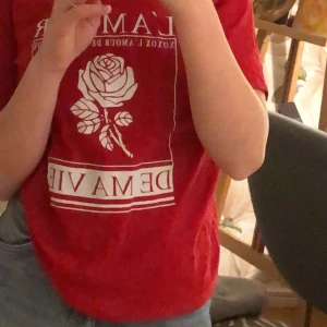 Röd t-shirt  - Riktigt shön röd t-shirt med en ros på🥀 😌 snygg till ett par jeans😉 fint skick, säljer pga inte helt min stil🙃 Kan mötas i Lund eller så är frakten på 44:-🥰