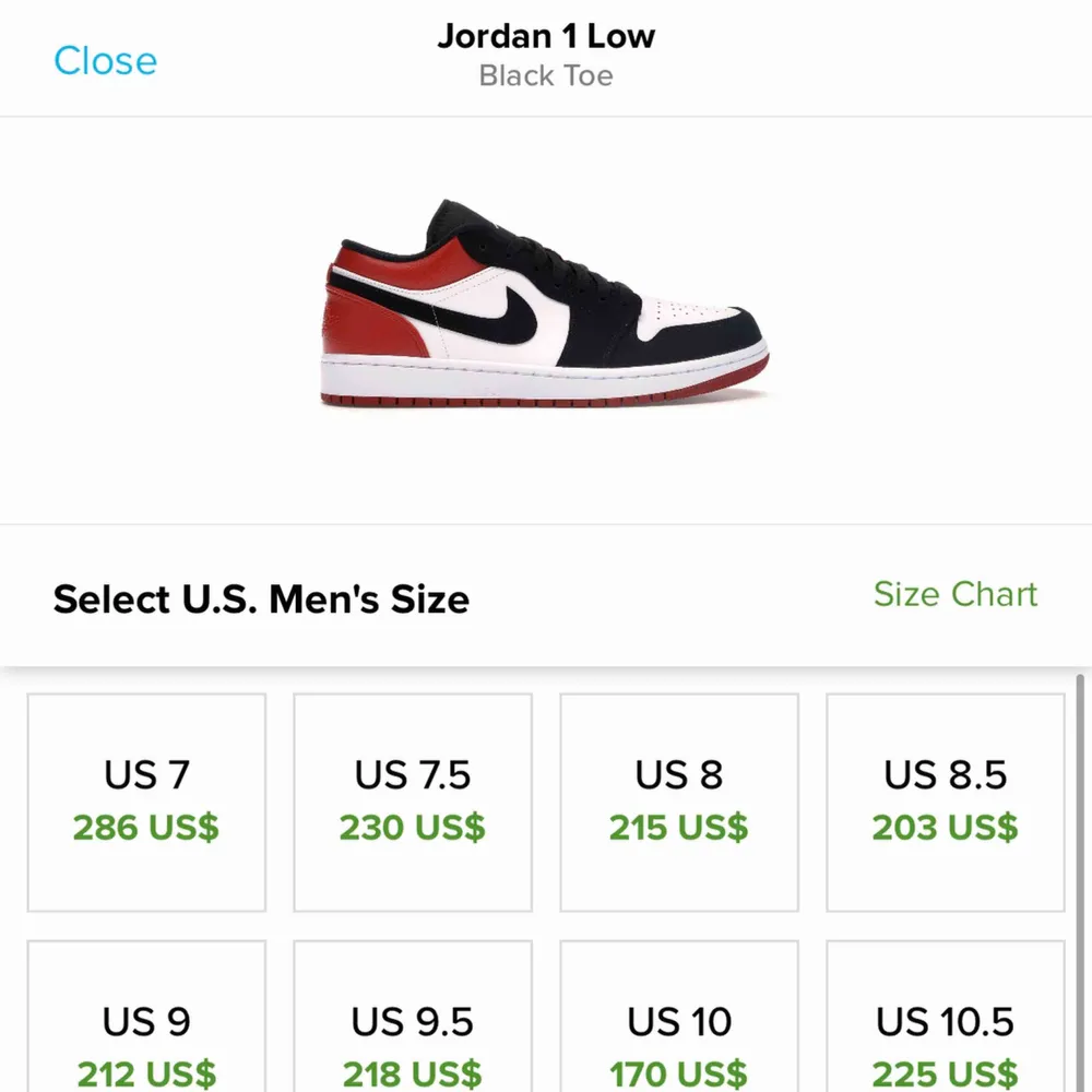 Säljer mina älskade Jordan 1s low black toe💥 Köpta från stockx i december 2019 och sparsamt använda sen dess! Cond 8/10 US 7 motsvarar storlek 40! Frakt 63kr. Skor.