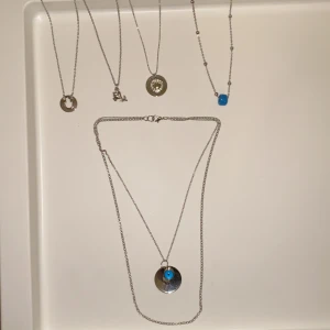 Halsband  - 5 st silverhalsband, de två i mitten och den längst nere är gjorda för hand och de resterande 2 är köpta. Alla är oanvända. Köper man ett halsband kostar det 20kr, köper man alla kostar det 100kr + frakt. Frakten beror på hur många halsband man köper.