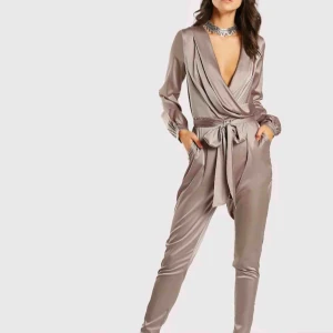  - Elegant Shawl Collar Wrap and Tie Satin Jumpsuit