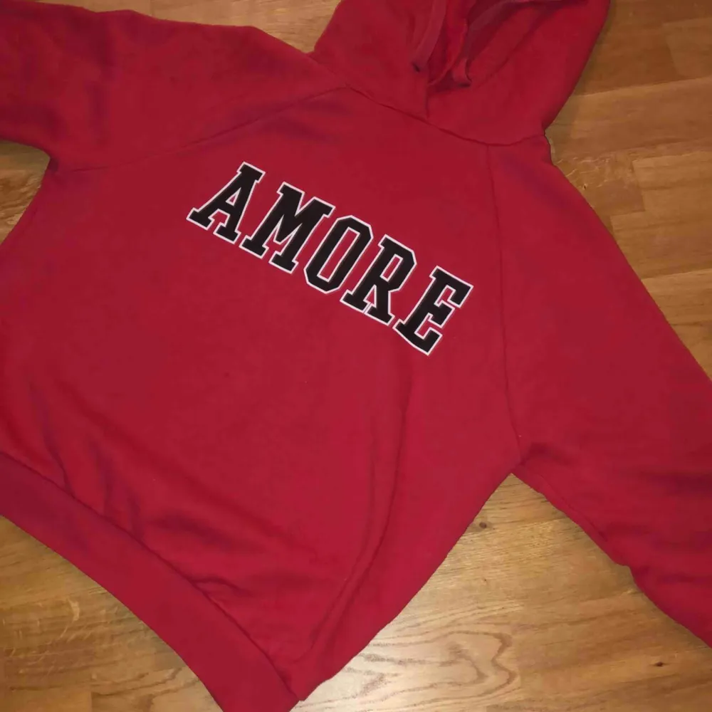 En röd hoodie med text ” Amore ”. Fint skick och inga slitningar på texten. Jätteskön men passar tyvärr inte mig längre.  Frakt tillkommer . Hoodies.