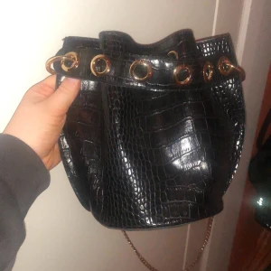 Fake skin väska  - En fin fake skin väska med tillhörande kedja och handtag, ””påse” form på väska med ett snore på toppen där man kan dra ihop den, guldetaljer 
