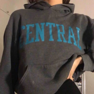  - Grå hoodie med blått central print. Mycket mysig och varm att ha på vintern💕 Möts upp på Norrmalm annars betalar köparen frakt