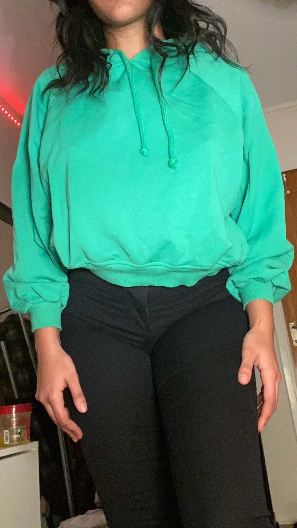 En kroppad grön hoodie från Bershka. Super skön perfekt till träning. Lite oversize fit så den skulle passa alla storlekar från S-L. Tröjor & Koftor.