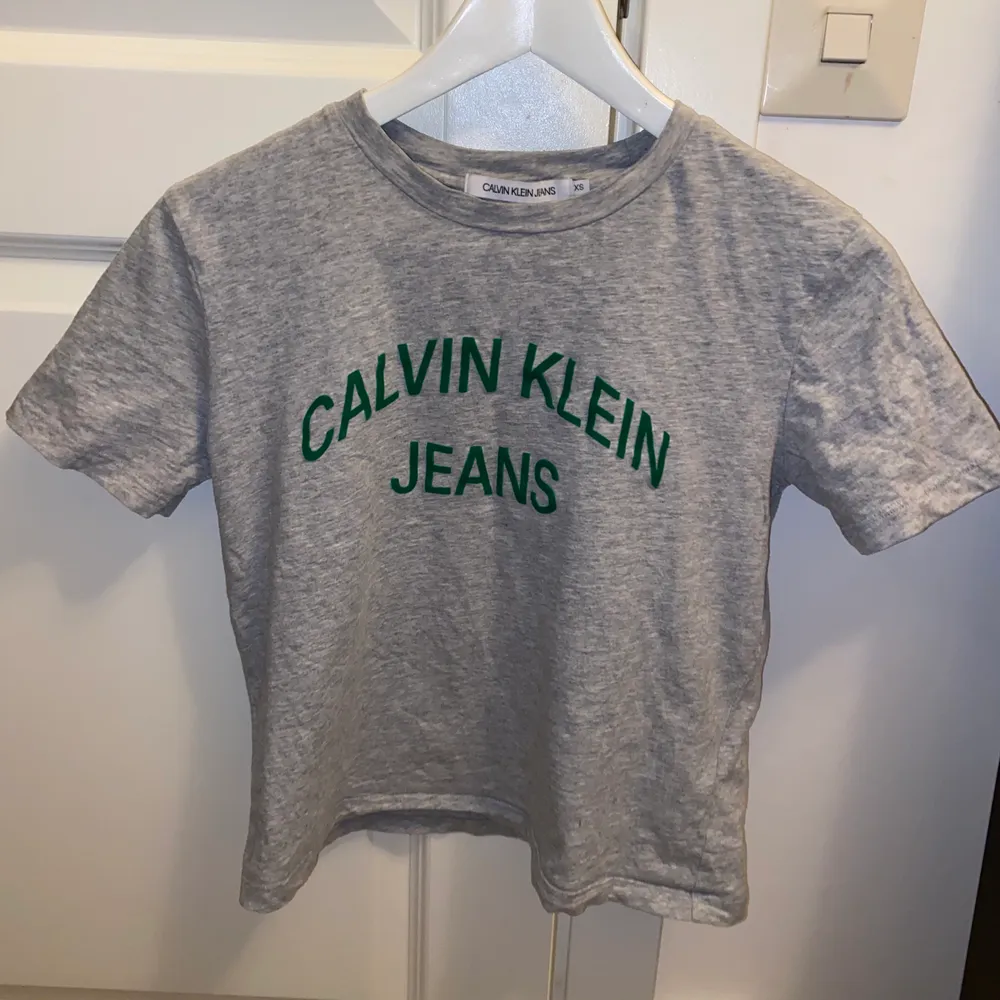 Grå Calvin Klein T-shirt med grön text. Köpt för ca ett år sedan. . T-shirts.