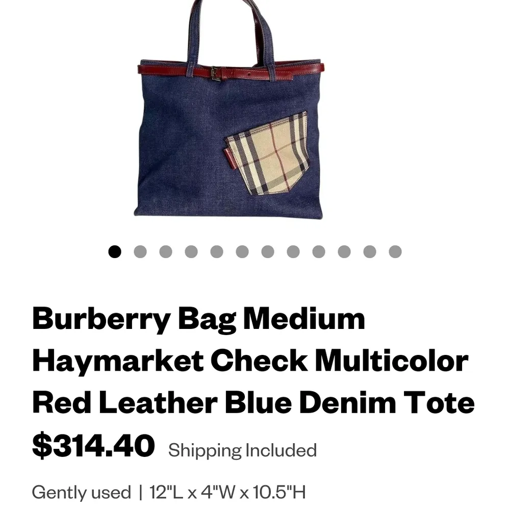 Äkta Burberry Bag Medium Haymarket Check Multicolor Red Leather Blue Denim Tote.. B12