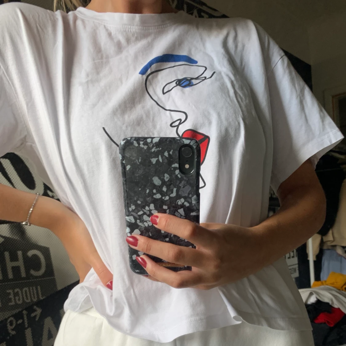 Oversized vit t-shirt med tryck, strl L