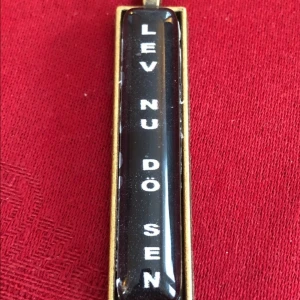 Hängsmycke med text "Lev nu dö sen"  - Snyggt hängsmycke med texten ”Lev nu dö sen”. I nickelfri metall och glas. Total höjd 6 cm, ca 1 cm bred. Lägg bud. 