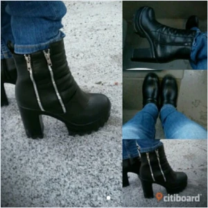  - Ursnygga skor som är sköna och lätta att gå i tack vare den stabila klacken. Fin kvalité, strl 38, använda endast 3 gånger vid korta tillfällen i fint väder så de är så gott som nya! 

Sulan är ca 4cm medan klacken är ca 11cm. Utmärkta för oss korta!