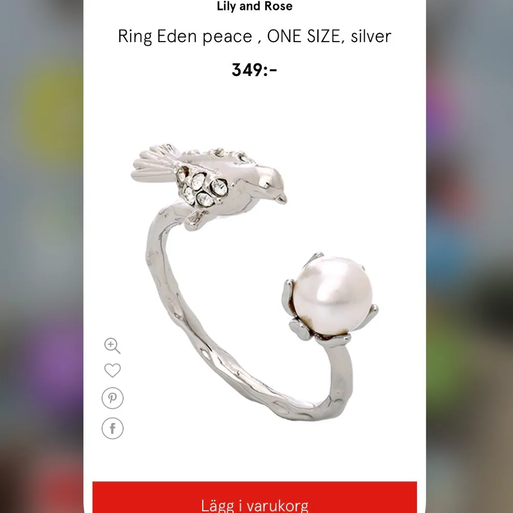 Superfin ring ”Eden peace” från Lily and Rose. Helt oanvänd oöppnad FRAKT INGÅR! Liten fågel och pärla som detaljer. Köpt på Åhléns för 349kr. Accessoarer.