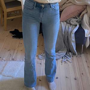 Säljer ett par ljusblå bootcut jeans som jag har älskat men nu bivit för små för mig. De är i strl XS och skulle tro att de kanske är W25/L32. Jag är 170 och på mig går byxorna ner över foten. Skriv för fler bilder/frågor💗 (priset ingår ej frakt 80kr)