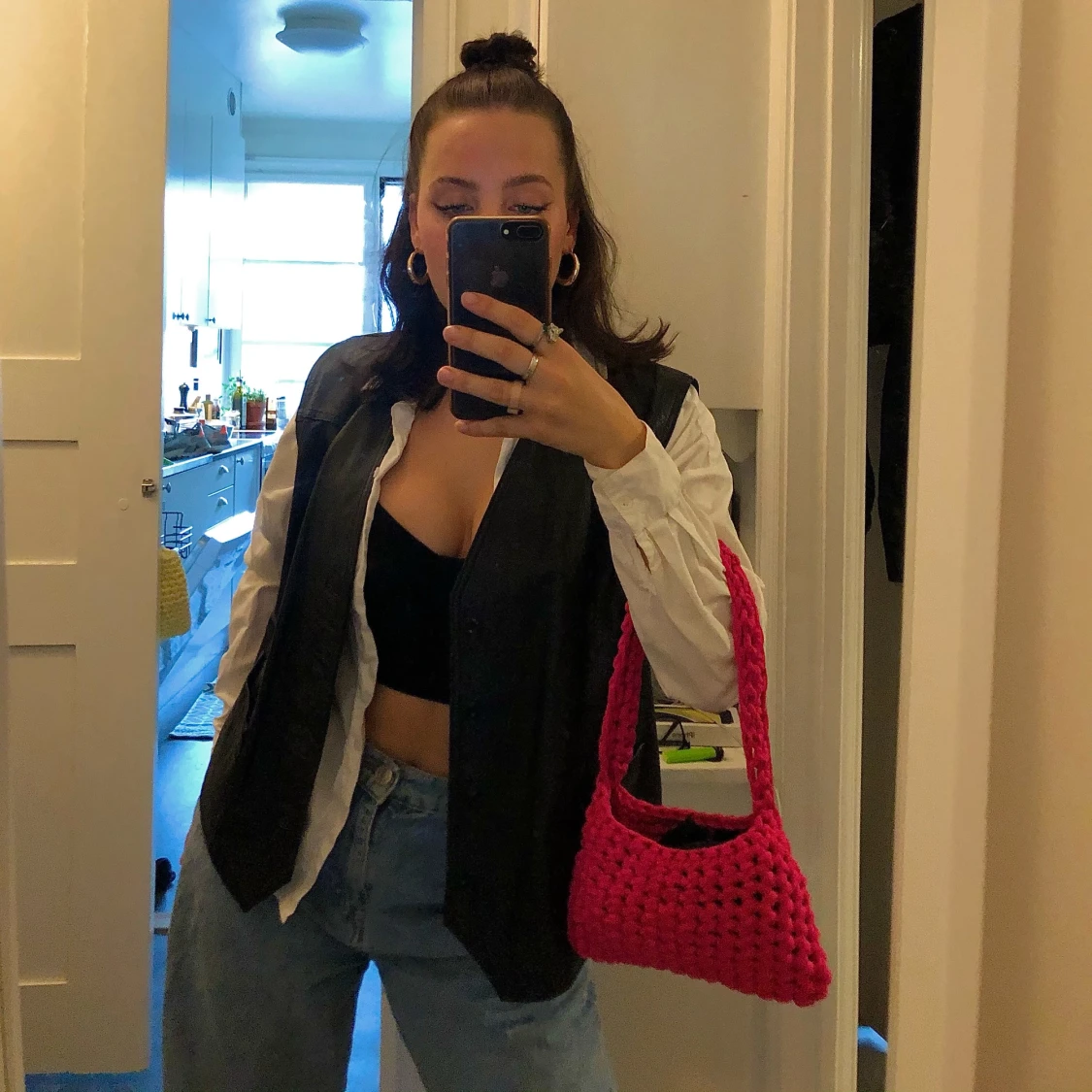 Virkad axelväska rosa  - 91