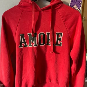 Gina Tricot Hoodie - En superfin röd hoodie med texten ”Amore”. Köpt den secondhand men själv typ aldrig använd💘  Säljer för passar inte i den! Skriv ifall ni har frågor