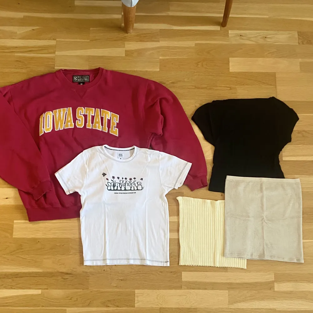 Klädpaket till någon med stl M (möjligtvis S också, kan skicka mått vid efterfrågan). 2 babytees, en från Urban och en från Gina (svart, öppen i rygg). En vintage sweatshirt köpt second hand i USA samt två tubtoppar, både i fint material från zara och P&B. T-shirts.